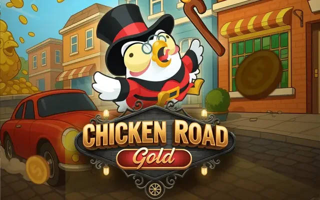 Chicken Road Gold spelbanner med kyckling i hög hatt