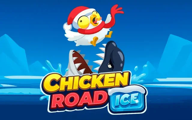 Chicken Road Ice spelbanner med kyckling på isflak