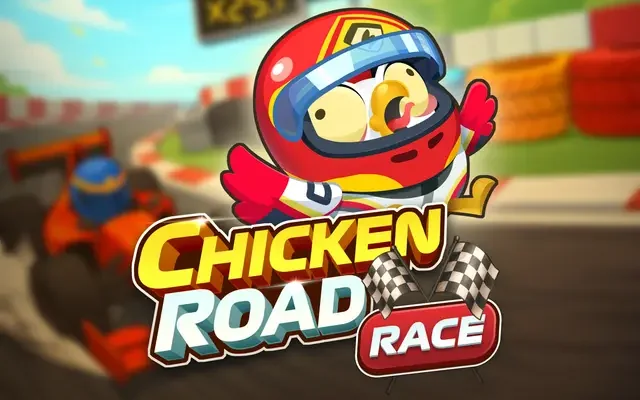 Chicken Road Race spelbanner med kyckling i racerhjälm