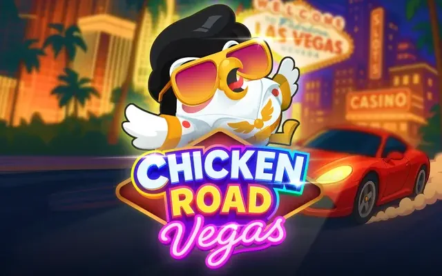 Chicken Road Vegas spelbanner med neonskylt och sportbil